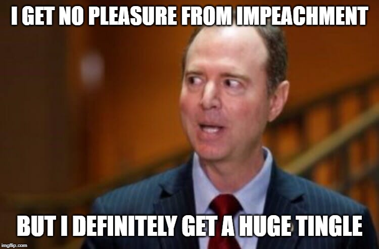 It turns him on | I GET NO PLEASURE FROM IMPEACHMENT; BUT I DEFINITELY GET A HUGE TINGLE | image tagged in adam schiff,imoeachment | made w/ Imgflip meme maker