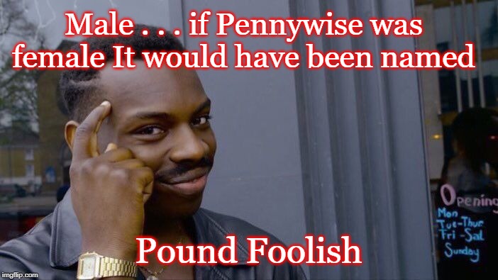 Roll Safe Think About It Meme | Male . . . if Pennywise was female It would have been named Pound Foolish | image tagged in memes,roll safe think about it | made w/ Imgflip meme maker