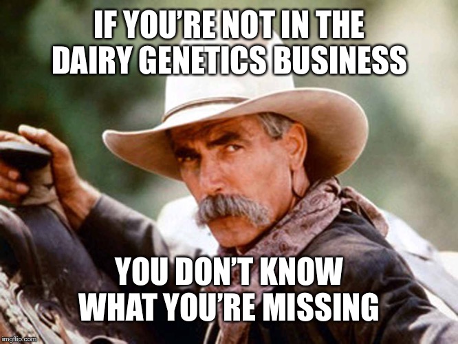 Sam Elliott Cowboy | IF YOU’RE NOT IN THE DAIRY GENETICS BUSINESS; YOU DON’T KNOW WHAT YOU’RE MISSING | image tagged in sam elliott cowboy | made w/ Imgflip meme maker