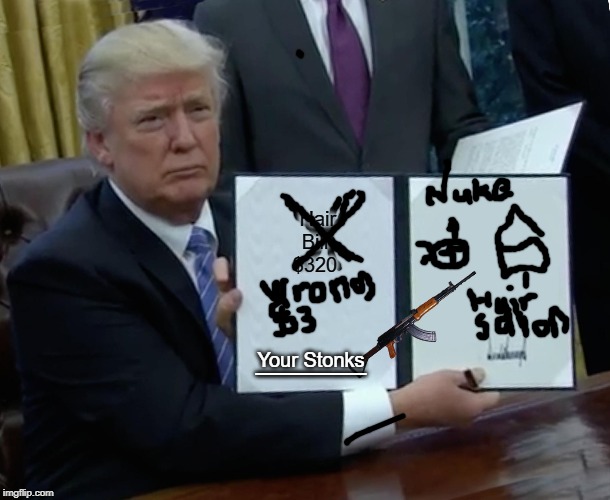 Trump Bill Signing | Hair Bill $320; Your Stonks; ____ | image tagged in memes,trump bill signing | made w/ Imgflip meme maker