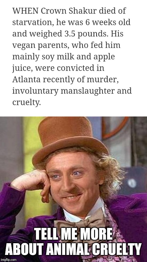 TELL ME MORE ABOUT ANIMAL CRUELTY | image tagged in memes,creepy condescending wonka | made w/ Imgflip meme maker