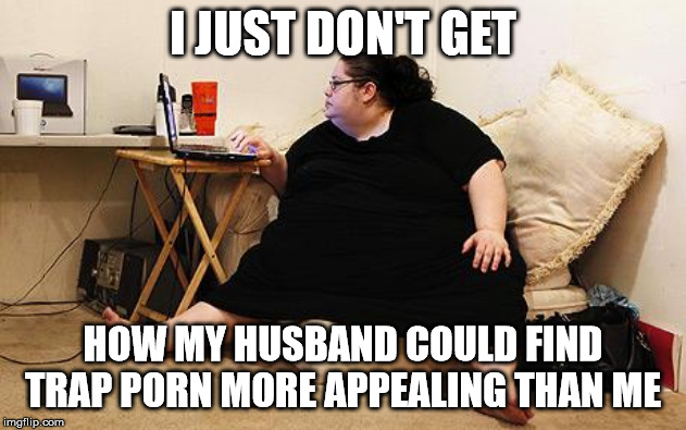 Obese Woman at Computer | I JUST DON'T GET; HOW MY HUSBAND COULD FIND TRAP PORN MORE APPEALING THAN ME | image tagged in obese woman at computer,trap,fat,transgender,porn | made w/ Imgflip meme maker