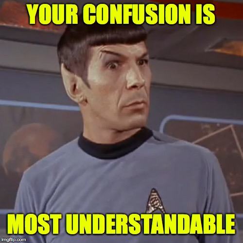 Puzzled Spock | YOUR CONFUSION IS MOST UNDERSTANDABLE | image tagged in puzzled spock | made w/ Imgflip meme maker