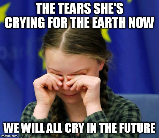 Greta Thunberg Upset | THE TEARS SHE'S CRYING FOR THE EARTH NOW; WE WILL ALL CRY IN THE FUTURE | image tagged in greta thunberg upset | made w/ Imgflip meme maker