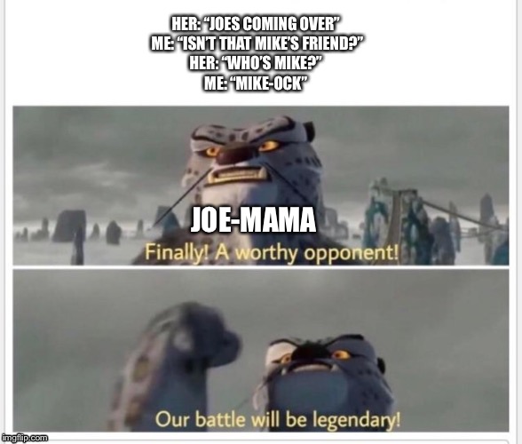 Finally! A worthy opponent! | HER: “JOES COMING OVER” 
ME: “ISN’T THAT MIKE’S FRIEND?”
HER: “WHO’S MIKE?” 
ME: “MIKE-OCK”; JOE-MAMA | image tagged in finally a worthy opponent | made w/ Imgflip meme maker