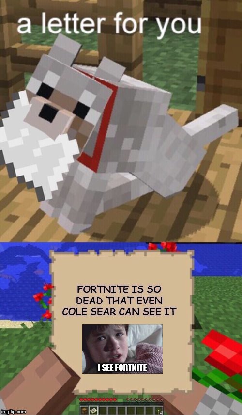 Minecraft Mail | FORTNITE IS SO DEAD THAT EVEN COLE SEAR CAN SEE IT; I SEE FORTNITE | image tagged in minecraft mail | made w/ Imgflip meme maker