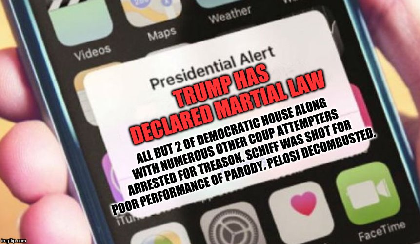 Presidential Alert | TRUMP HAS DECLARED MARTIAL LAW; ALL BUT 2 OF DEMOCRATIC HOUSE ALONG WITH NUMEROUS OTHER COUP ATTEMPTERS ARRESTED FOR TREASON. SCHIFF WAS SHOT FOR POOR PERFORMANCE OF PARODY. PELOSI DECOMBUSTED. | image tagged in memes,presidential alert,politics lol | made w/ Imgflip meme maker