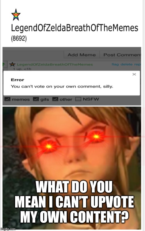 WHAT DO YOU MEAN I CAN’T UPVOTE MY OWN CONTENT? | image tagged in zelda | made w/ Imgflip meme maker