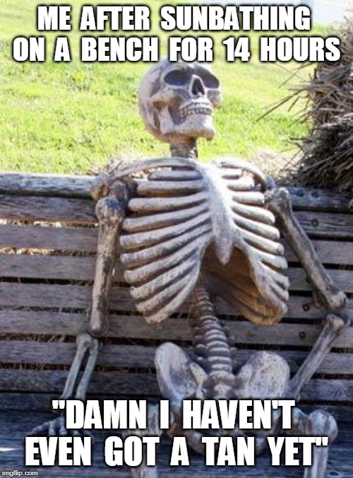 Waiting Skeleton | ME  AFTER  SUNBATHING  ON  A  BENCH  FOR  14  HOURS; "DAMN  I  HAVEN'T  EVEN  GOT  A  TAN  YET" | image tagged in memes,waiting skeleton | made w/ Imgflip meme maker