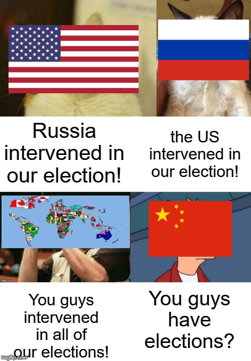 the US intervened in our election! Russia intervened in our election! You guys intervened in all of our elections! You guys have elections? | image tagged in memes,grumpy cat,scared cat,blank white template | made w/ Imgflip meme maker