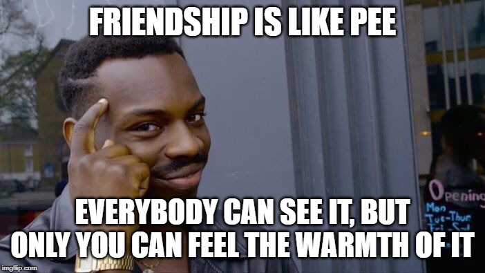 Roll Safe Think About It | FRIENDSHIP IS LIKE PEE; EVERYBODY CAN SEE IT, BUT ONLY YOU CAN FEEL THE WARMTH OF IT | image tagged in memes,roll safe think about it | made w/ Imgflip meme maker