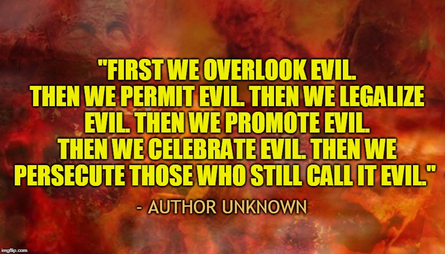 "FIRST WE OVERLOOK EVIL. THEN WE PERMIT EVIL. THEN WE LEGALIZE EVIL. THEN WE PROMOTE EVIL. THEN WE CELEBRATE EVIL. THEN WE PERSECUTE THOSE WHO STILL CALL IT EVIL."; - AUTHOR UNKNOWN | made w/ Imgflip meme maker