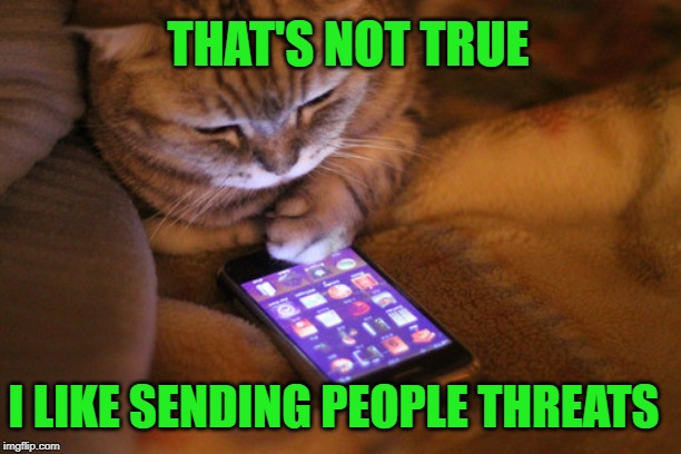 cat phone | I LIKE SENDING PEOPLE THREATS THAT'S NOT TRUE | image tagged in cat phone | made w/ Imgflip meme maker