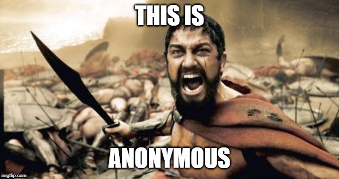 Why so many anonymous memes?  Most aren't even controversial.  I like to know who I'm interacting with. | THIS IS; ANONYMOUS | image tagged in memes,sparta leonidas,anonymous | made w/ Imgflip meme maker