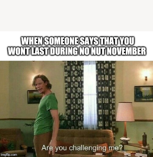 Are you challenging me? | WHEN SOMEONE SAYS THAT YOU WONT LAST DURING NO NUT NOVEMBER | image tagged in are you challenging me | made w/ Imgflip meme maker