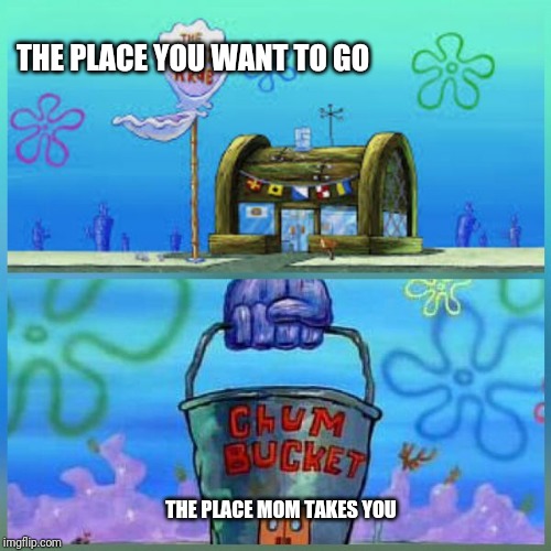 Krusty Krab Vs Chum Bucket Meme | THE PLACE YOU WANT TO GO; THE PLACE MOM TAKES YOU | image tagged in memes,krusty krab vs chum bucket | made w/ Imgflip meme maker