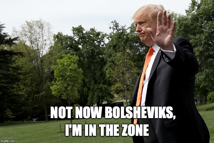 Donald Heisman Trump | I'M IN THE ZONE; NOT NOW BOLSHEVIKS, | image tagged in donald heisman trump | made w/ Imgflip meme maker