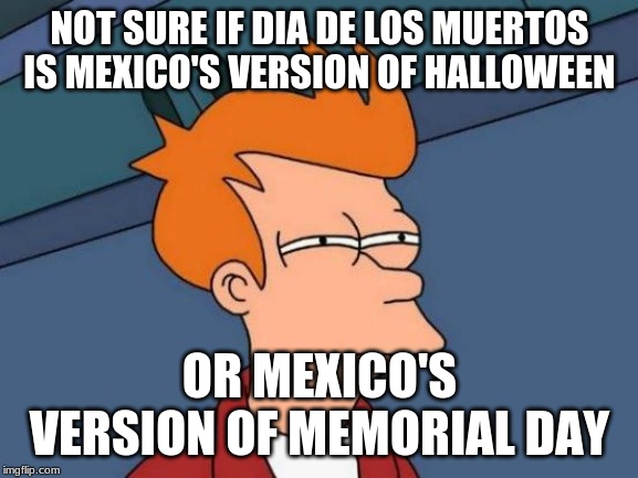 I deeply apologize if I'm showing dishonor and/or disrespect with this post. | NOT SURE IF DIA DE LOS MUERTOS IS MEXICO'S VERSION OF HALLOWEEN; OR MEXICO'S VERSION OF MEMORIAL DAY | image tagged in memes,futurama fry,dia de los muertos,day of the dead,mexico | made w/ Imgflip meme maker