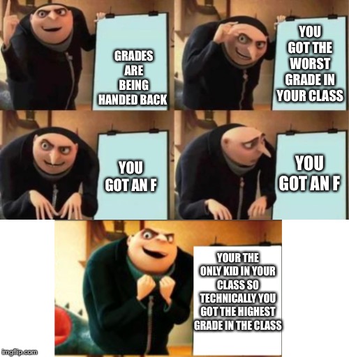 Gru's plan 5 panel |  GRADES ARE BEING HANDED BACK; YOU GOT THE WORST GRADE IN YOUR CLASS; YOU GOT AN F; YOU GOT AN F; YOUR THE ONLY KID IN YOUR CLASS SO TECHNICALLY YOU GOT THE HIGHEST GRADE IN THE CLASS | image tagged in gru's plan 5 panel | made w/ Imgflip meme maker