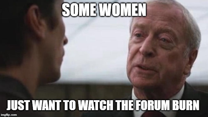 Some mean just want to watch the world burn Alfred Batman  | SOME WOMEN; JUST WANT TO WATCH THE FORUM BURN | image tagged in some mean just want to watch the world burn alfred batman | made w/ Imgflip meme maker