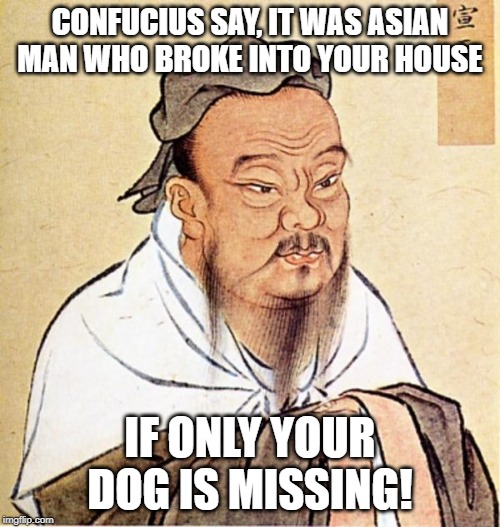 Fido Gone | CONFUCIUS SAY, IT WAS ASIAN MAN WHO BROKE INTO YOUR HOUSE; IF ONLY YOUR DOG IS MISSING! | image tagged in wise asian | made w/ Imgflip meme maker
