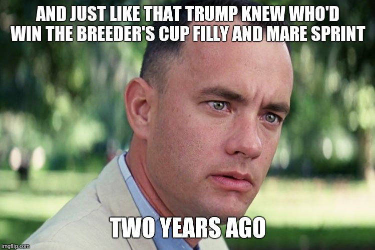 Way to go Covfefe!!! | AND JUST LIKE THAT TRUMP KNEW WHO'D WIN THE BREEDER'S CUP FILLY AND MARE SPRINT; TWO YEARS AGO | image tagged in memes,and just like that,covfefe,horse racing | made w/ Imgflip meme maker
