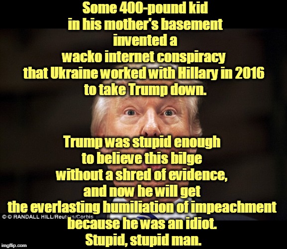 Paranoia comes with a price. | Some 400-pound kid in his mother's basement
 invented a 
wacko internet conspiracy 
that Ukraine worked with Hillary in 2016 
to take Trump down. Trump was stupid enough 
to believe this bilge 
without a shred of evidence, 
and now he will get 
the everlasting humiliation of impeachment 
because he was an idiot. 
Stupid, stupid man. | image tagged in trump stupid face,trump,conspiracy,ukraine,hillary,idiot | made w/ Imgflip meme maker
