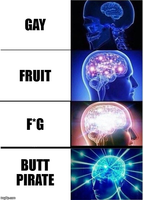 Expanding Brain | GAY; FRUIT; F*G; BUTT PIRATE | image tagged in memes,expanding brain | made w/ Imgflip meme maker