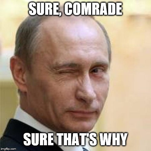 Putin Winking | SURE, COMRADE SURE THAT'S WHY | image tagged in putin winking | made w/ Imgflip meme maker