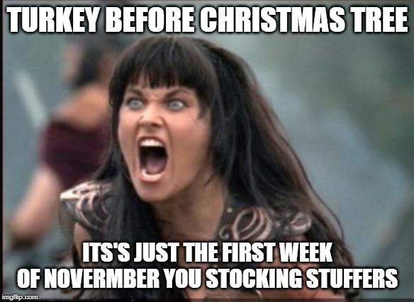Mixed seasons | TURKEY BEFORE CHRISTMAS TREE; ITS'S JUST THE FIRST WEEK OF NOVERMBER YOU STOCKING STUFFERS | image tagged in screaming woman,thanksgiving,christmas,seasons,turkey | made w/ Imgflip meme maker