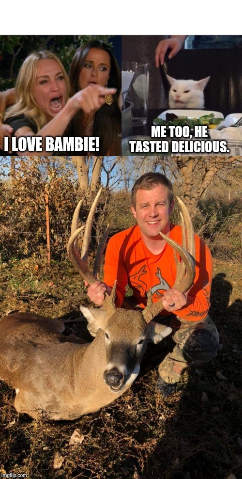 ME TOO, HE TASTED DELICIOUS. I LOVE BAMBIE! | image tagged in memes,woman yelling at a cat | made w/ Imgflip meme maker