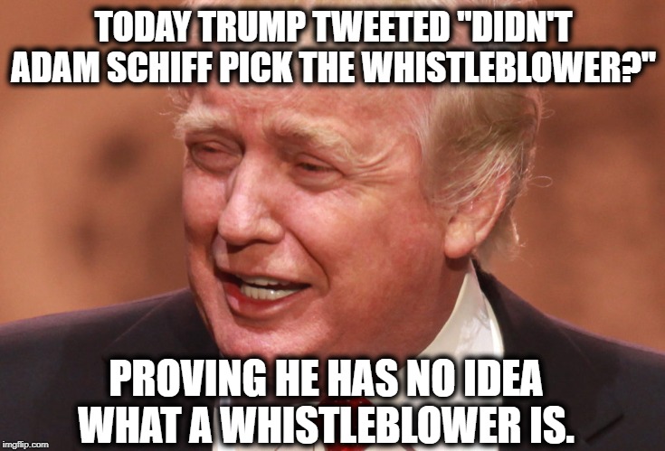 He doesn't know what's even going on. | TODAY TRUMP TWEETED "DIDN'T ADAM SCHIFF PICK THE WHISTLEBLOWER?"; PROVING HE HAS NO IDEA WHAT A WHISTLEBLOWER IS. | image tagged in donald trump,adam schiff,whistleblower,impeach trump,traitor,treason | made w/ Imgflip meme maker