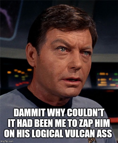 Bones McCoy | DAMMIT WHY COULDN'T IT HAD BEEN ME TO ZAP HIM ON HIS LOGICAL VULCAN ASS | image tagged in bones mccoy | made w/ Imgflip meme maker