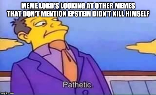 skinner pathetic | MEME LORD'S LOOKING AT OTHER MEMES THAT DON'T MENTION EPSTEIN DIDN'T KILL HIMSELF | image tagged in skinner pathetic | made w/ Imgflip meme maker