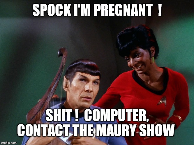 Star Trek Spock Lyre Uhura Out of Tune  | SPOCK I'M PREGNANT  ! SHIT !  COMPUTER, CONTACT THE MAURY SHOW | image tagged in star trek spock lyre uhura out of tune | made w/ Imgflip meme maker