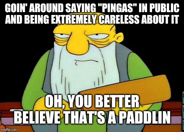 PINGAS PINGAS PINGAS PINGAS XD | GOIN' AROUND SAYING "PINGAS" IN PUBLIC
AND BEING EXTREMELY CARELESS ABOUT IT; OH, YOU BETTER BELIEVE THAT'S A PADDLIN | image tagged in memes,that's a paddlin',funny memes,pingas,savage memes,funny | made w/ Imgflip meme maker
