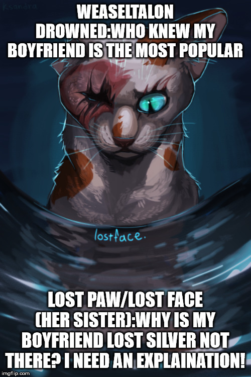 lostface | WEASELTALON DROWNED:WHO KNEW MY BOYFRIEND IS THE MOST POPULAR LOST PAW/LOST FACE (HER SISTER):WHY IS MY BOYFRIEND LOST SILVER NOT THERE? I N | image tagged in lostface | made w/ Imgflip meme maker
