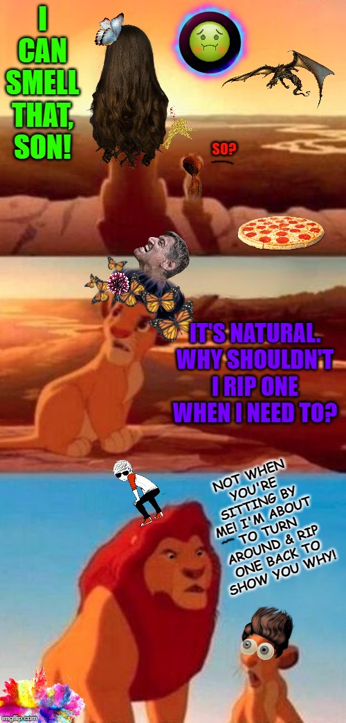 Simba Shadowy Place (blank) | I CAN SMELL THAT, SON! SO? IT'S NATURAL. WHY SHOULDN'T I RIP ONE WHEN I NEED TO? NOT WHEN YOU'RE SITTING BY ME! I'M ABOUT TO TURN AROUND & RIP ONE BACK TO SHOW YOU WHY! | image tagged in simba shadowy place blank | made w/ Imgflip meme maker