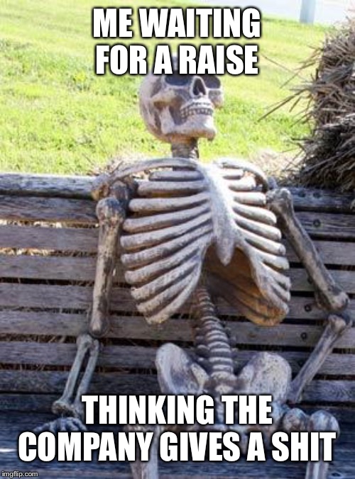 Waiting Skeleton Meme | ME WAITING FOR A RAISE; THINKING THE COMPANY GIVES A SHIT | image tagged in memes,waiting skeleton | made w/ Imgflip meme maker