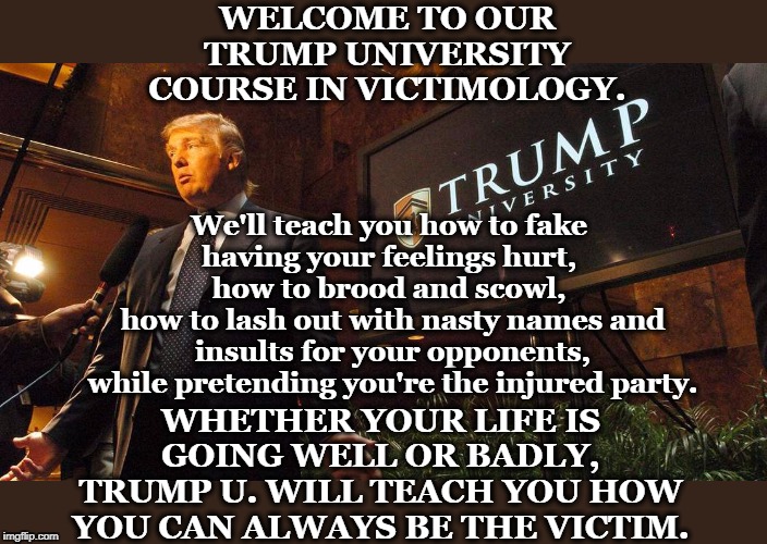 "VICTIM, VICTIM  RAH RAH RAH! YAY TEAM!" | WELCOME TO OUR TRUMP UNIVERSITY COURSE IN VICTIMOLOGY. We'll teach you how to fake 
having your feelings hurt, 
how to brood and scowl, 
how to lash out with nasty names and insults for your opponents, while pretending you're the injured party. WHETHER YOUR LIFE IS GOING WELL OR BADLY, TRUMP U. WILL TEACH YOU HOW YOU CAN ALWAYS BE THE VICTIM. | image tagged in trump university with con man scam artist,trump,victim,insults | made w/ Imgflip meme maker