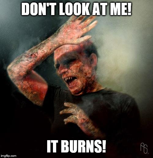 burning vampire | DON'T LOOK AT ME! IT BURNS! | image tagged in burning vampire | made w/ Imgflip meme maker