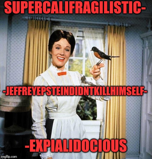 Mary Poppins | SUPERCALIFRAGILISTIC-; -JEFFREYEPSTEINDIDNTKILLHIMSELF-; -EXPIALIDOCIOUS | image tagged in mary poppins | made w/ Imgflip meme maker