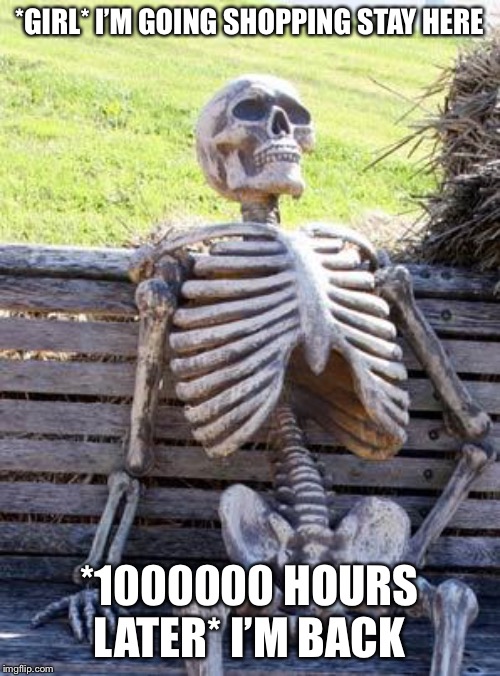 Waiting Skeleton | *GIRL* I’M GOING SHOPPING STAY HERE; *1000000 HOURS LATER* I’M BACK | image tagged in memes,waiting skeleton | made w/ Imgflip meme maker