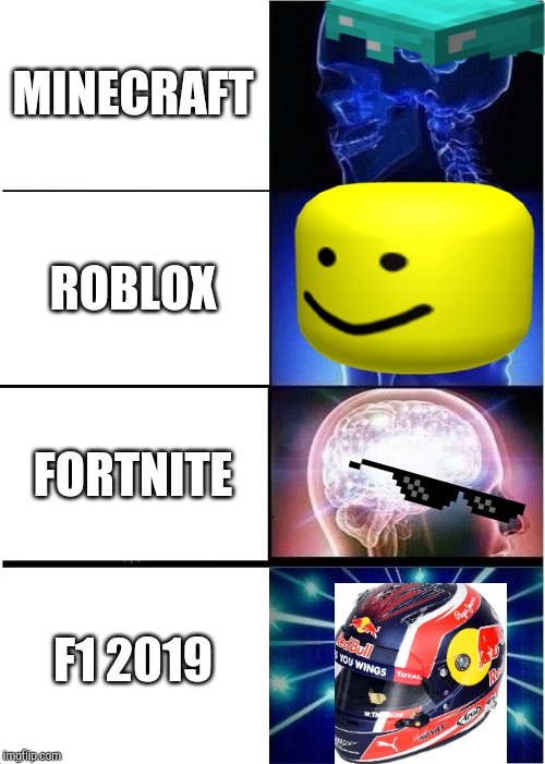 F1 is better | MINECRAFT; ROBLOX; FORTNITE; F1 2019 | image tagged in memes,expanding brain | made w/ Imgflip meme maker