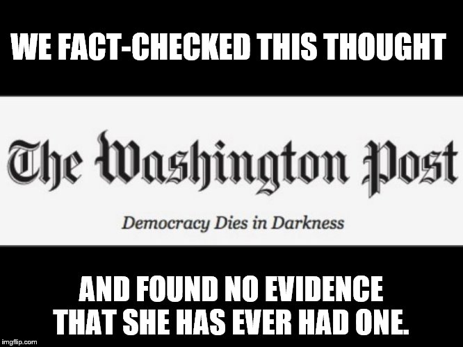 Washington Post  | WE FACT-CHECKED THIS THOUGHT AND FOUND NO EVIDENCE THAT SHE HAS EVER HAD ONE. | image tagged in washington post | made w/ Imgflip meme maker