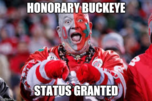 OSU ohio state fan | HONORARY BUCKEYE STATUS GRANTED | image tagged in osu ohio state fan | made w/ Imgflip meme maker