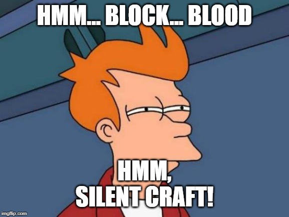 Futurama Fry Meme | HMM... BLOCK... BLOOD HMM,
SILENT CRAFT! | image tagged in memes,futurama fry | made w/ Imgflip meme maker