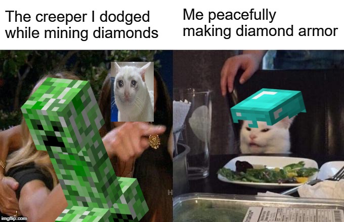 Woman Yelling At Cat Meme | Me peacefully making diamond armor; The creeper I dodged while mining diamonds | image tagged in memes,woman yelling at a cat | made w/ Imgflip meme maker