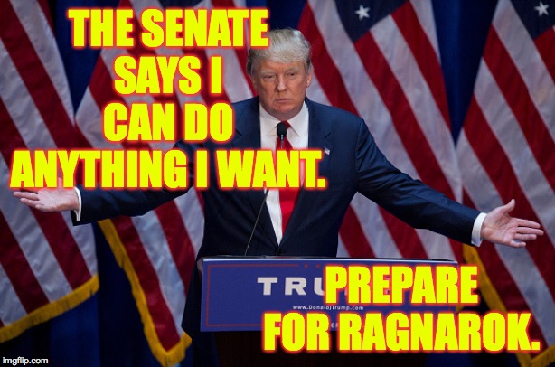 Donald Trump | THE SENATE SAYS I CAN DO ANYTHING I WANT. PREPARE FOR RAGNAROK. | image tagged in donald trump | made w/ Imgflip meme maker