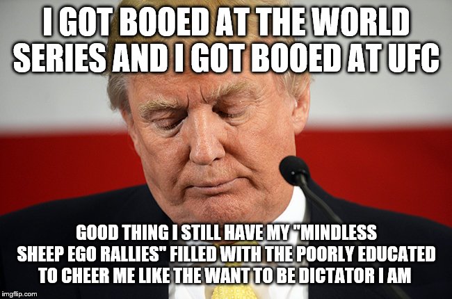 Sad Trump | I GOT BOOED AT THE WORLD SERIES AND I GOT BOOED AT UFC; GOOD THING I STILL HAVE MY "MINDLESS SHEEP EGO RALLIES" FILLED WITH THE POORLY EDUCATED TO CHEER ME LIKE THE WANT TO BE DICTATOR I AM | image tagged in sad trump | made w/ Imgflip meme maker